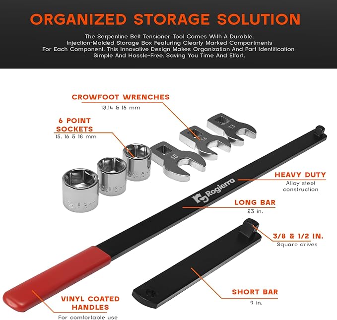 Rogierra Universal Serpentine Belt Tool Kit, 3/8" & 1/2" Drive Belt Adjust Tightener Wrench Set,(8PCS)