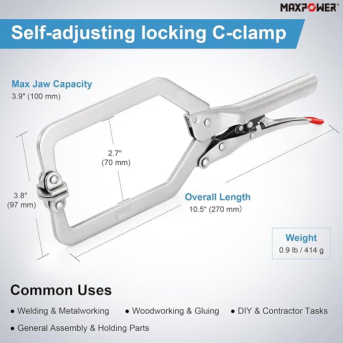MAXPOWER 10.5 inch Self Adjusting Locking C Clamp, 3.9 inch Jaw Capacity, Long Reach Automatic Locking C-Clamps Pliers with Swivel Pad