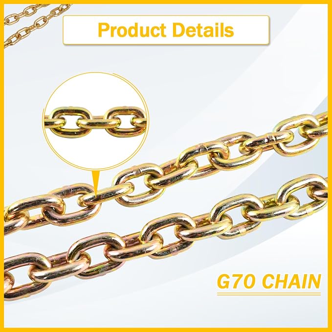 3/8" x 20 FT G70 Transport Tow Chain with Grab Hooks 6600 Lbs Working Load for Transport Tie Down Binder Chain Flatbed Truck Trailer