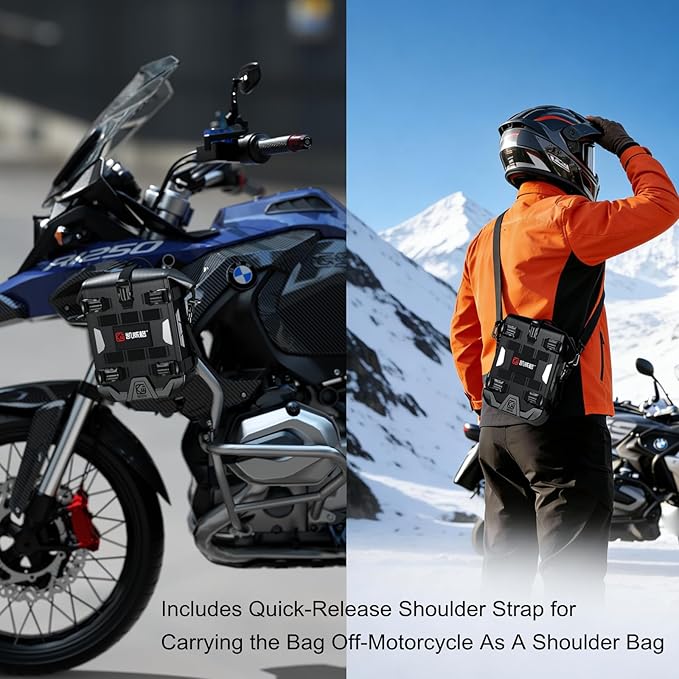 Kewig Full Waterproof Motorcycle Bag for Front Bumper Side Frame Crash Bar | 5.5L TPU Motorcycle Riding Tools Accessories Luggage Bag with Rigid Support & Quick Release Shoulder Strap, Black, 1PC