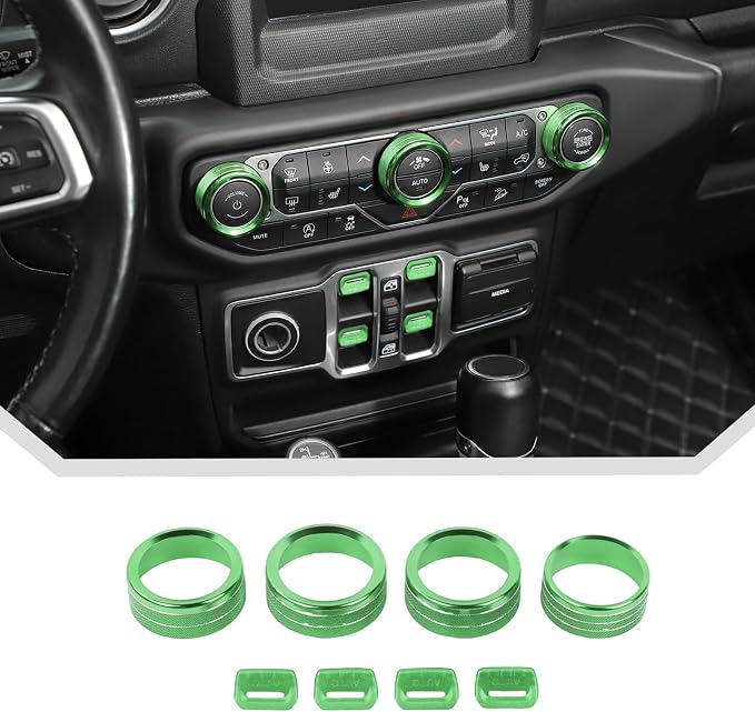 JeCar for Jeep Wrangler JL & Gladiator JT Window Switch Button Knob Cover Trim Kit, Green Aluminum Interior Decoration Accessories (2018–2024 2025+)