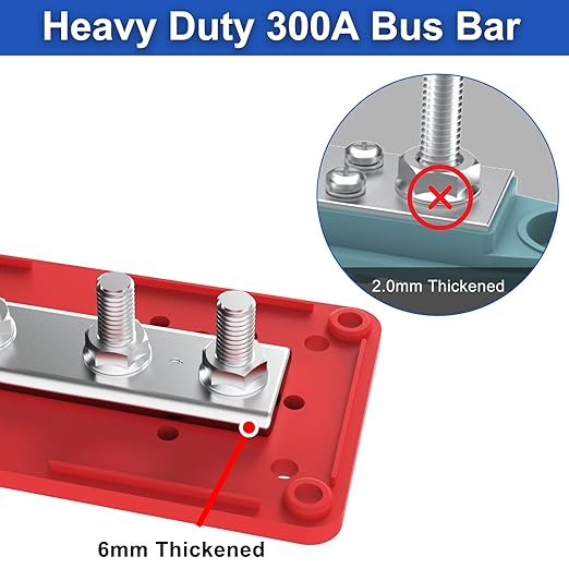 Heavy Duty Bus Bar 300A 12V Power Distribution Block with 5/16" (M8) 4-Posts Terminals Block with Cover for Automotive, Marine, Battery System (Black & Red)