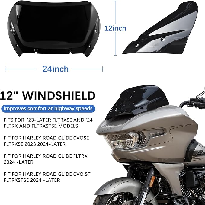 12" Windshield Windscreen Compatible for Harley Road Glide CVO/SE FLTRXSE 2023 2024 2025 2026 later FLTRX 2024 later CVO ST FLTRXSTSE 2024 later for 2023 2024 Road Glide Accessories, Black