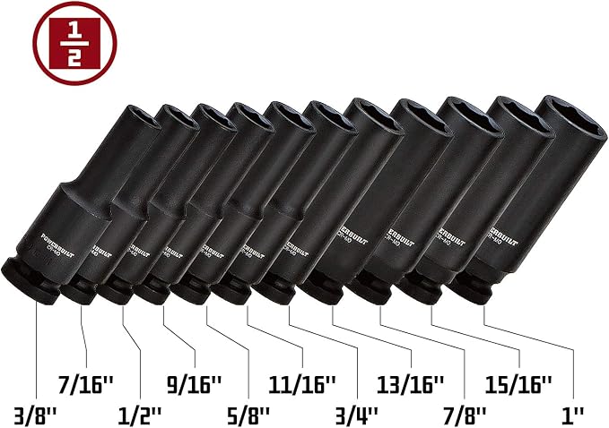 Powerbuilt 647049 1/2" Drive 6 Pt. SAE Deep Impact Socket Set, 11 Pieces , Black