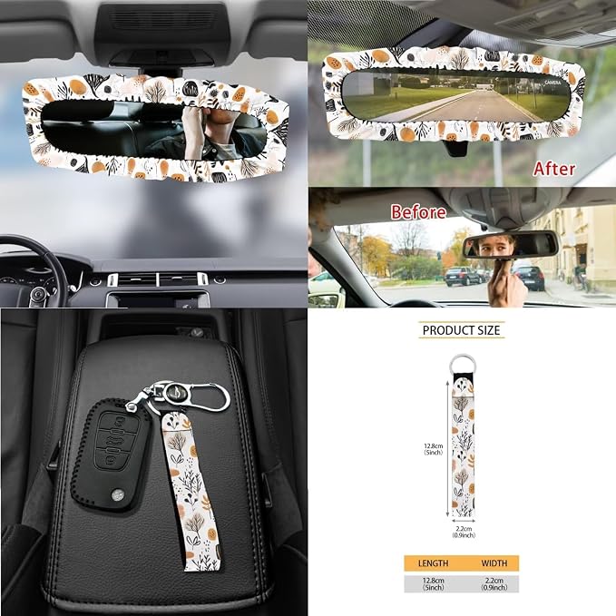 Boho Abstract Geometric Art Print 15Pcs Car Seat Cover Full Set Car Steering Wheel Cover Seat Belt Cover Trash Bin Air Vent Storage Box Front Rear View Mirror Car Cup Holder Keychain