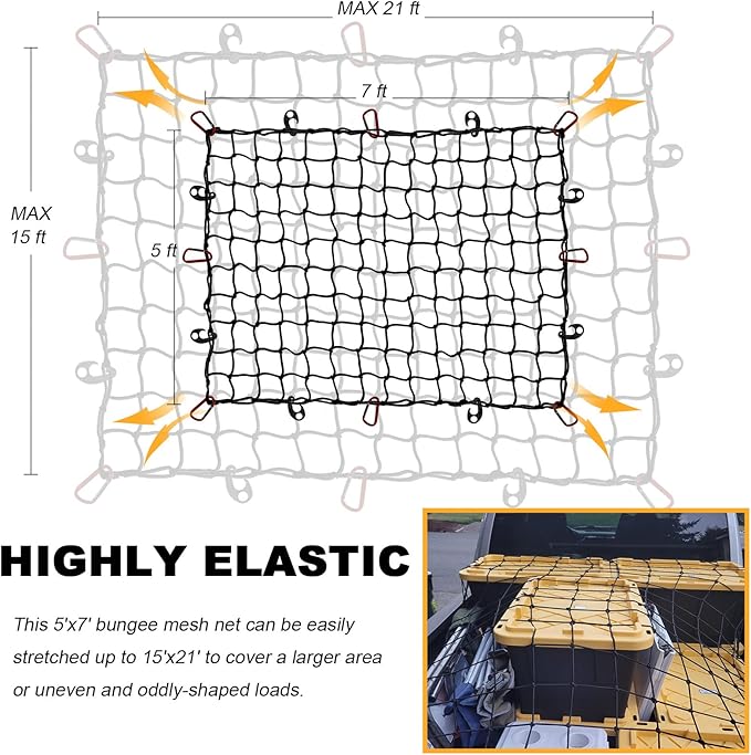 GSPSCN Truck Cargo Net 7' x 5' for Pickup Bed, Trailer,Boat,RV SUV Stretches to 15'x21' Max Heavy Duty Roof Rack Net,Small 5”x5” Mesh Netting w/24 Clip Carabiners Car Organizer Net for Large Loads