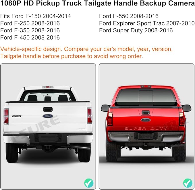 ASURE Tailgate Handle Backup Camera for 2004–2014 Ford F150, 2008–2016 F250 F350 F450 F550 – True 1080P HD Rear View Camera, 170° Wide Angle, OEM Replacement, Night Vision Waterproof, Easy Install
