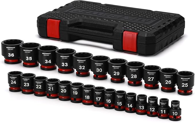 MIXPOWER 26 Pieces 1/2'' Drive Shallow Impact Socket Set,12 Point,Metric,10-36mm,CR-MO,Axle Nut Impact Grade Socket for Easy Removal