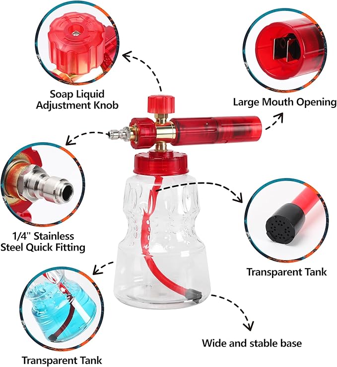 Graffiti Foam Cannon Kit with Short Pressure Washer Gun 3/8" Quick Connect M22-15mm Adapter Adjustable Snow Foam Bottle with 1/4" Quick Connect and 5 Nozzle Tips for Car Wash