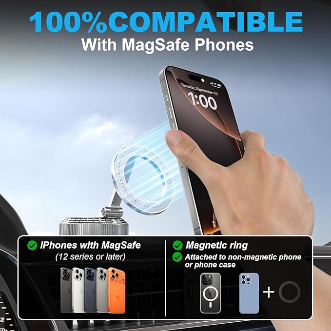 Metal Magnetic Car Phone Holder, 360° Adjustable Magsafe Car Phone Mount, Vacuum Suction Cup Phone Holders for Your Car for iPhone 17-12 Pro Max Air Plus & Android (Silver)