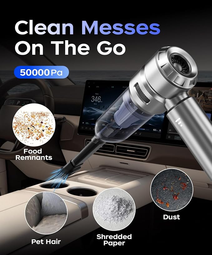 VNOST Car Vacuum,3 Suction Modes,Portable Mini Cordless Cleaner with 50000pa Suction Power,Type-C Charge,Handheld Vacuum for Home,Car,Birthday Gifts for Men Dad(Silver)