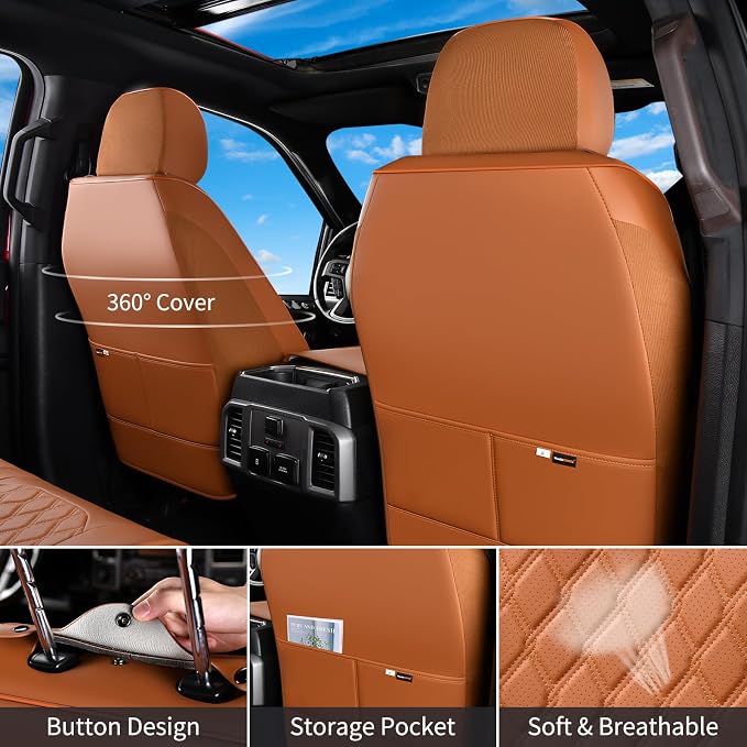 Huidasource F150 Truck Seat Covers Fit for 2015-2026 Ford F150 & 2017-2026 F250 F350 F450 Crew Cab XL XLT Lariat King Ranch Platinum, Full Coverage Leather Automotive Seat Cover(Full Set/Brown)