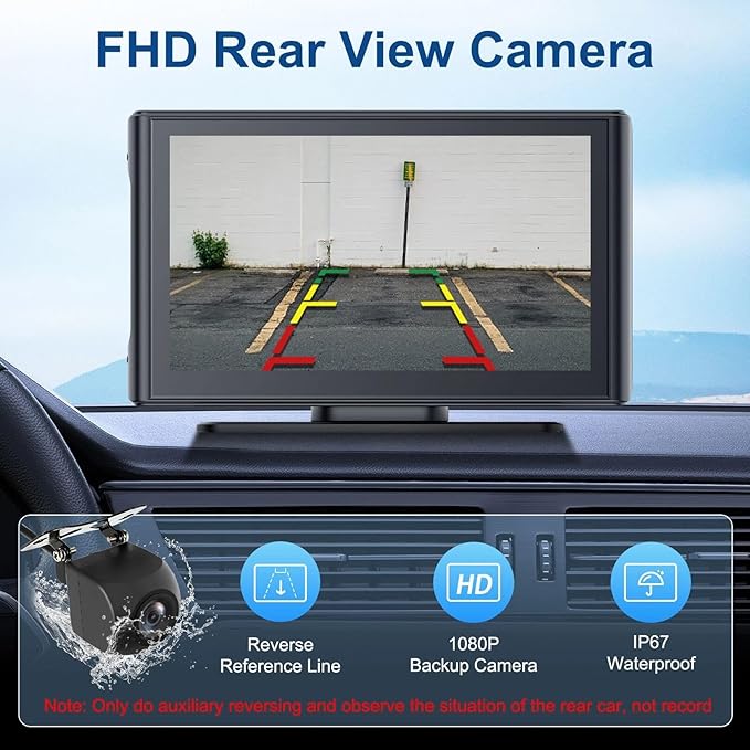 Portable CarPlay Screen for Car Wireless Car Play & Android Auto Touch Screen,7" HD,Landscape&Portrait,1080P Backup Camera GPS Navigation Music Voice Control Bluetooth AUX FM for All Vehicles