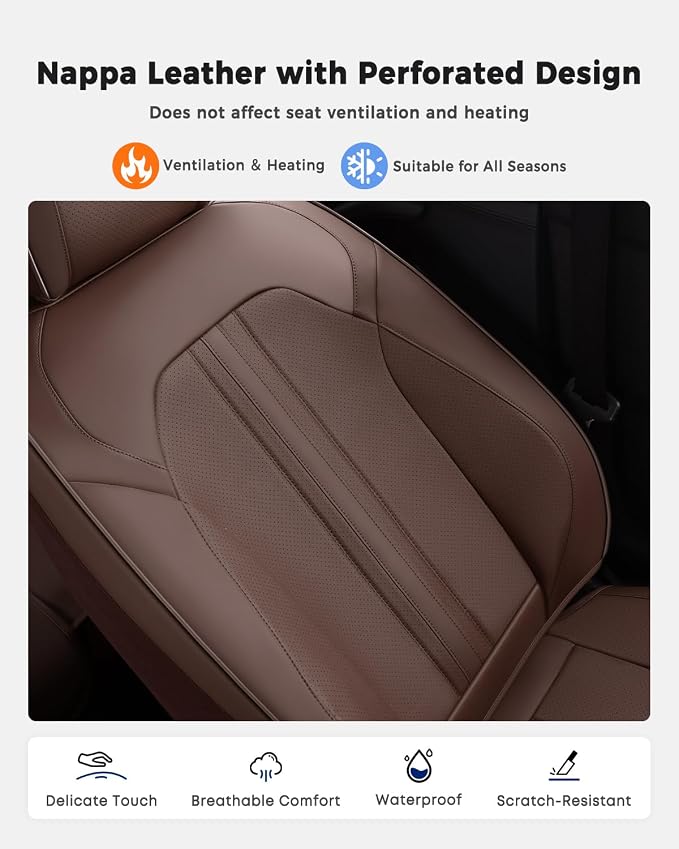 Huidasource Coffee Front Seat Cover, Luxury Faux Leather Front Car Seat Cover, Compatible with Airbags, Seatbelt Buckles, Perforation, Cooling＆Heating, Universal Fit for Most Cars, Vans, Trucks, SUVs