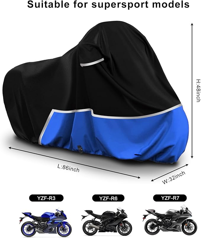 Waterproof Motorcycle Cover Compatible with Yamaha R1 R2 R3 R6 R7 Supersport, 420D Oxford Cloth Motorcycle Cover for Snow Rain Dust Protection