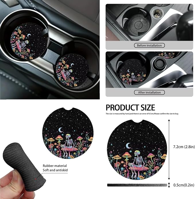 Skull Colorful Mushroom Car Seat Covers 15Pcs Full Set Car Steering Wheel Cover Seat Belt Cover Trash Bin Air Vent Storage Box Rear View Mirror Car Cup Holder Keychain