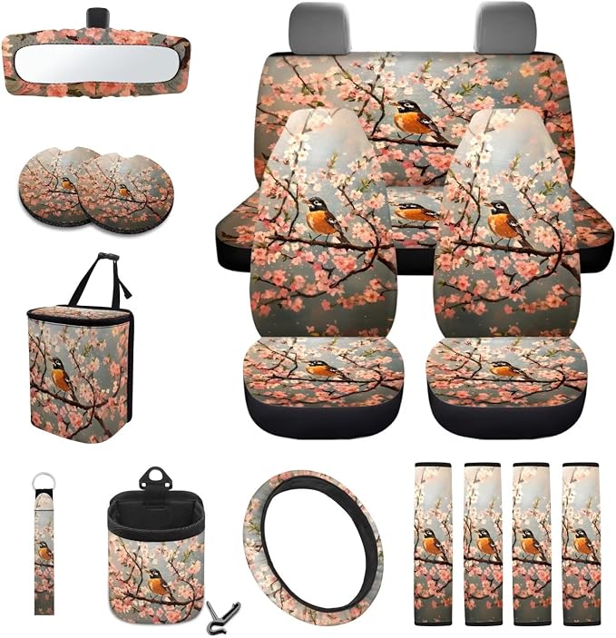 Robin Bird Cherry Blossom Pattern Car Seat Covers Full Set Steering Wheel Cover Seatbelt Covers Keychain Coasters Trash Bin Air Outlet Pocket Rearview Cover, 15pcs Car Interior