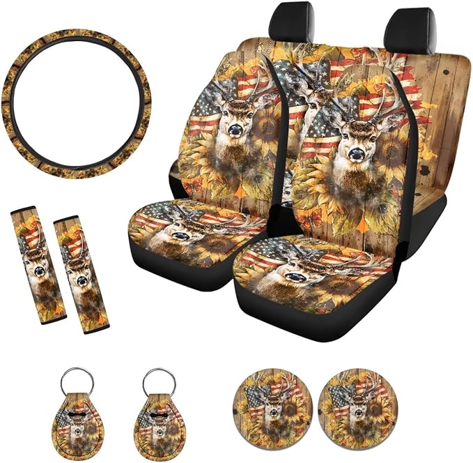 Xoenoiee American Flag Hunting Elk Sunflower Pattern Car Seat Cover Set, Front Rear Seat Covers, Steering Wheel Cover, Seat Belt Pads, Coasters, Keychains for Car SUV, 4th of July Patriotic