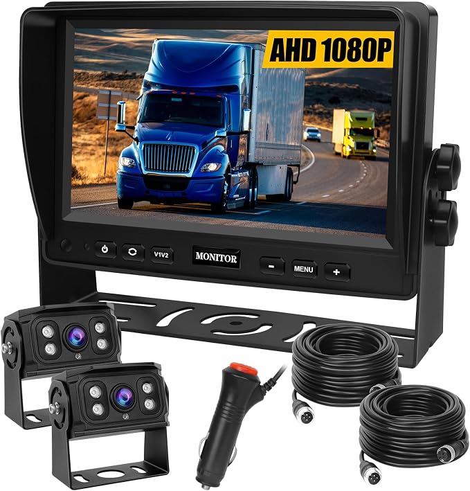 RV Backup Camera System 7” AHD 1080P Reverse Monitor+2 Side/Rear View Cameras 170° IR Night Vision Waterproof IP69K DIY Guidelines,Dual Backup Camera for Truck RV Trailer Tractor Skid Steer Vehicles.