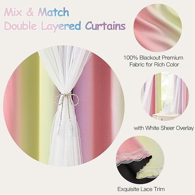 XiDi Blackout Curtains with Sheer Overlay for Girls Bedroom Double Layer Curtains for Kids Nursery Room Darkening Rainbow Princess Unicorn Wall Decals Pink Yellow Purple Grommet Top 2 Panels W34xL63