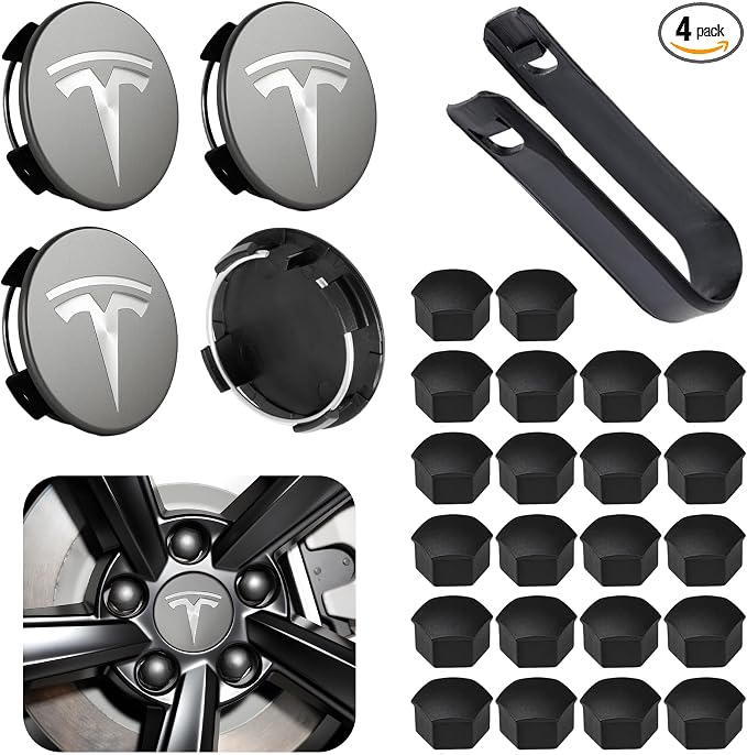 4 Pack Car Wheel Center Hub Cap Kit with 22 Lug Nut Covers, 2.2 in (56mm) Wheel Rim Covers Center Hubcaps with Emblem for Model 3 / Model Y, Gray & Silver Exterior Decoration for Tesla
