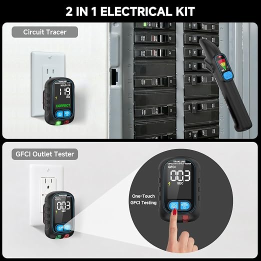 Circuit Breaker Finder Tool with Electrical GFCI Outlet Tester, Electrical Circuit Tracer Kit with LCD Display, Including 3-2 Prong Grounding Adapter, Light Socket Adapter, Clip Adapter, Carrying Case