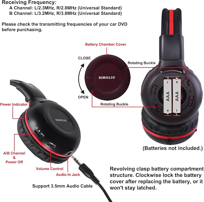 SIMOLIO Two Channel Infrared Headphones for Honda Odyssey, Pilot, uConnect VES, Chrysler Pacifica, Town and Country, GMC Yukon, Nissan Armada, IR Wireless Headphones for Car DVD Player Kids, 4 Pack