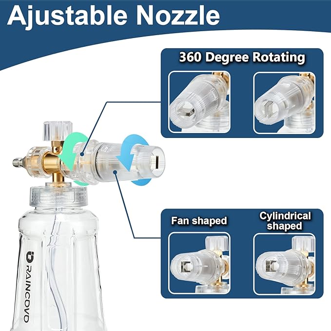 Raincovo Foam Cannon for Pressure Washer, Snow Clear Foam Cannon for Car Wash, Stainless Steel Filter, Adjustable Pressure Washer Nozzle 6-in-1, Quick-change Over Replacement Nozzle Tip