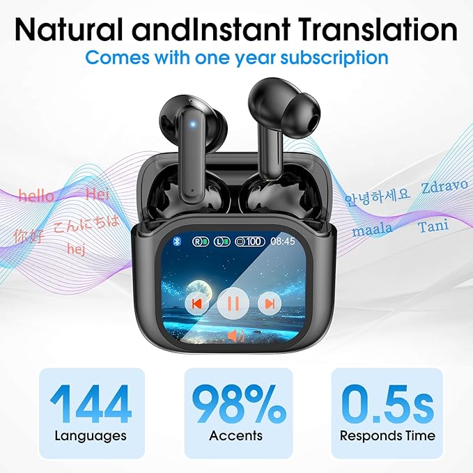 Language Translator Earbuds, Real Time Translation Earbuds 3-in-1 Translation 144 Languages & Accents LCD Touch Screen Open-Ear Design Language Translator Headphones with Digital Display-Black