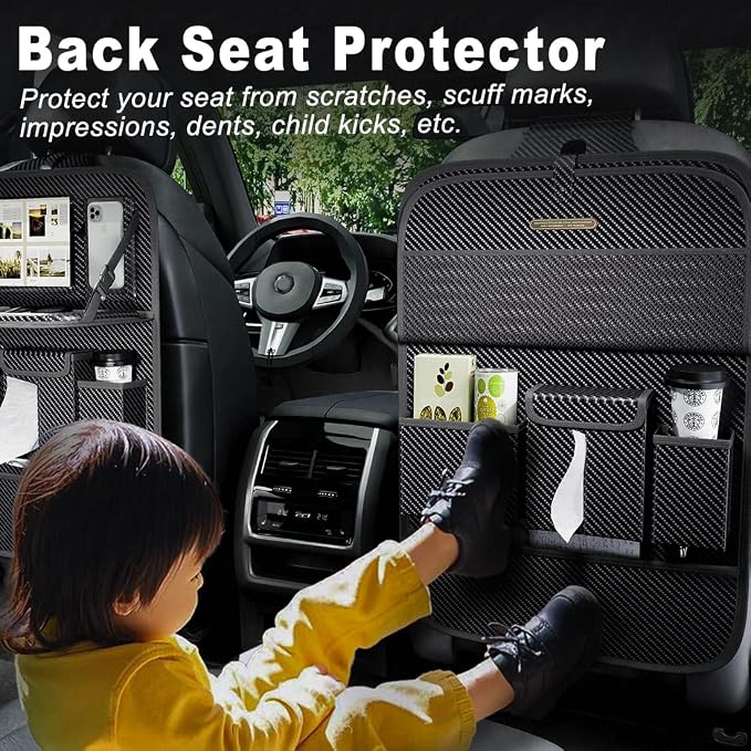 XDV Car Seat Organizers,Multi-functional Back Seat Protectors, Storage Pouches, and Tray Holders (for Cars, Kids, Seat Back and Rear Seats) (Carbon Fiber, 2 Pcs)