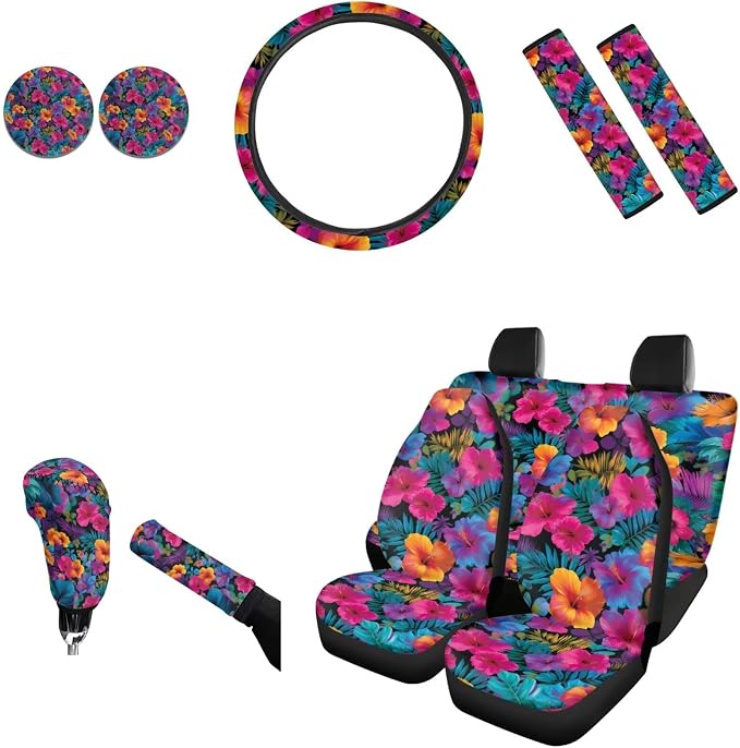 AFPANQZ Tropical Flowers 11 Pieces Auto Accessories Set Car Seat Decoration Covers Full Set with Hand Brake Cover + Gear Shift Knob Cover + Seat Belt Pads + Car Coaster + Steering Wheel Cover