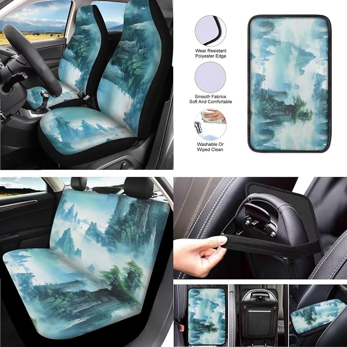 Turquoise Landscape Painting 13 PCS Car Seat Covers Full Set Retro Mountain Range Print Car Front Back Seat Cover Steering Wheel Cover Fit Auto SUV Trucks