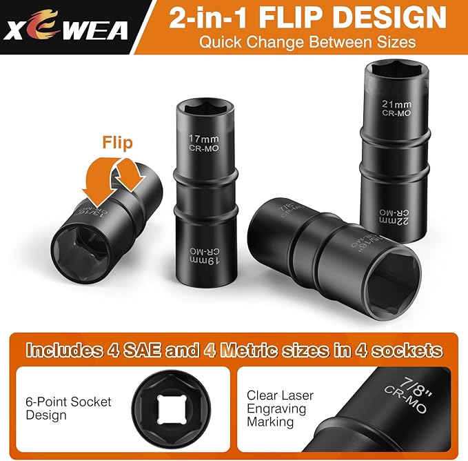 1/2 Inch Drive 7/8" x 15/16" Thin Wall Impact Flip Socket,XEWEA Lug Nut Impact Socket Set Double Ended Thin Wall Nut Sockets CR-MO Twist Removal Tool for Stripped Rusted Bolts