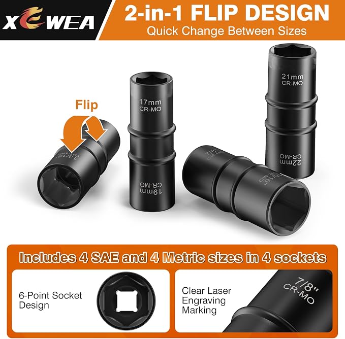 1/2 Inch Drive 3/4" x 13/16" Thin Wall Impact Flip Socket,XEWEA Lug Nut Impact Socket Set Double Ended Thin Wall Nut Sockets CR-MO Twist Removal Tool for Stripped Rusted Bolts