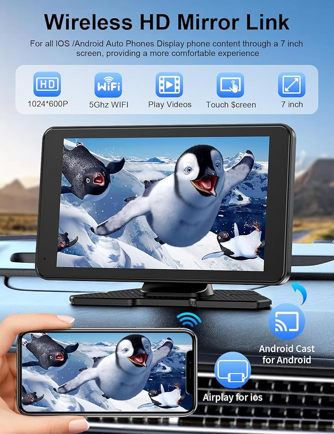 Carplay Screen for Car, 7" HD Portable Car Stereo Touch Screen with Wireless Android Auto, Backup Camera with LED/Mirror Link/Voice Control/Bluetooth/GPS/AUX/FM Satellite Radio for All Vehicles