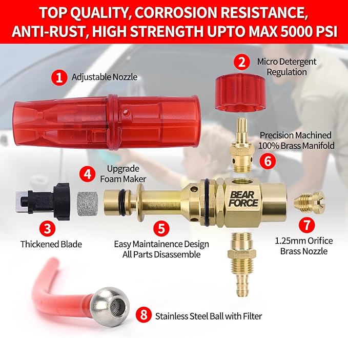 BEAR FORCE Pressure Washer Brass Foam & Foam Cannon Dual-Connector Accessory with 1/4” Quick Connector & 1.25mm & 1.10mm Orifice Nozzle, 360° Adjustable Thicker Snow Foam with 32 oz Soap Car Wash