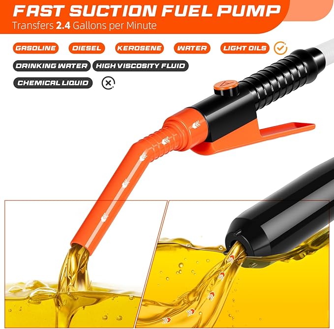 Electric Fuel Transfer Pump, 3.2GPM Portable Fluid Transfer Siphon Pump with Oil Pipeline, Battery Gas Pumps with 47 Inches Hose &Gloves for Car/RV(Orange)