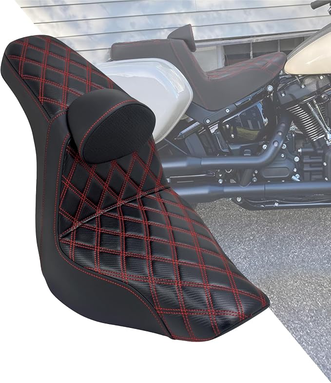 Motorcycle Seat Driver Passenger Seat with Backrests for Harley Low Rider Low Rider S ST 2018-up (Black with red stitching)