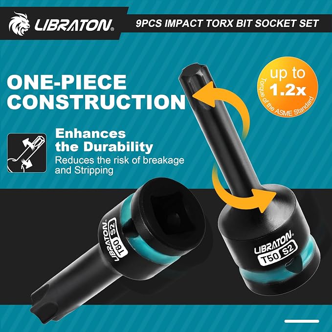 LIBRATON Impact Torx Bit Socket Set, 1/2" Drive, S2 Steel, 9PCS Impact Star Bit Socket Set (T30-T80), High Impact Torx Sockets, XPE Storage, Professional Mechanic and Automotive Repair