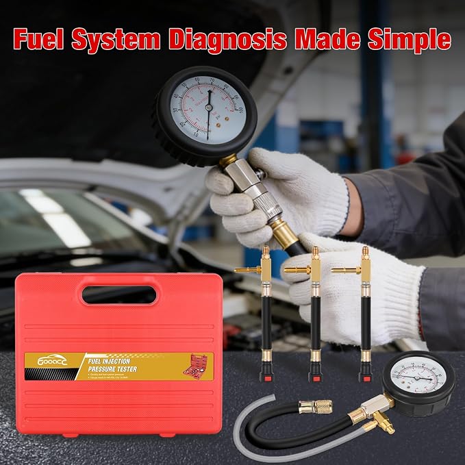 GOOACC Fuel Pressure Test Kit, Automotive Fuel Injection Pressure Gauge Tester 0-100PSI with 1/4 5/16 3/8 Quick Connect Adapters for Gasoline EFI Engines