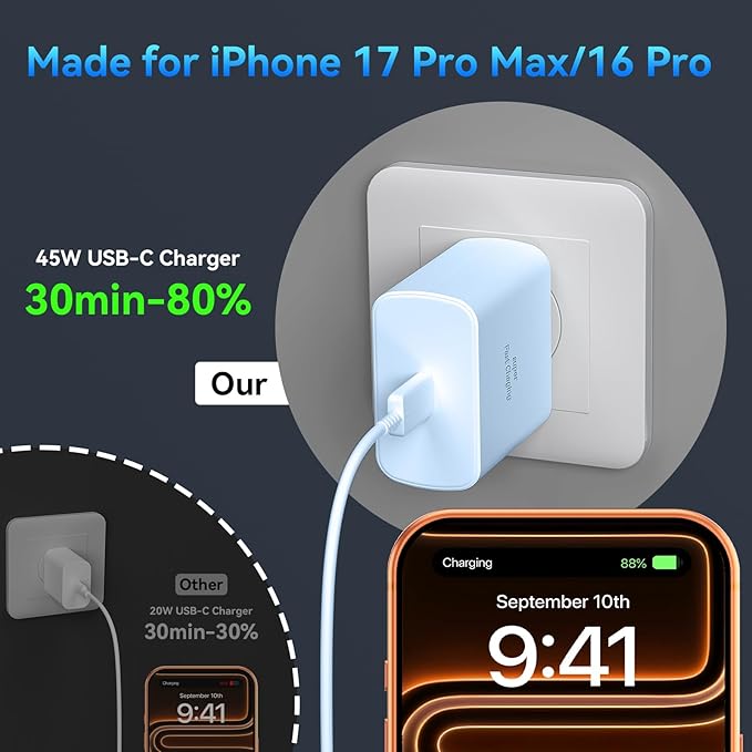 17 16 Pro Max Charger Fast Charging, 45W Super Fast USB C Charger Block with 10FT Long Charging Cord for Phones 17 16 Pro Max/1716 Pro/17 16 15, Android-Blue