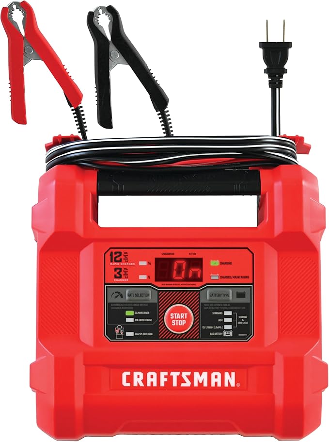 CRAFTSMAN 12A Car Battery Charger and Maintainer, 4-in-1 Solution, Battery Tester, for 6V/12V Power Sport, Automotive, and Marine Batteries, CMXCESM258
