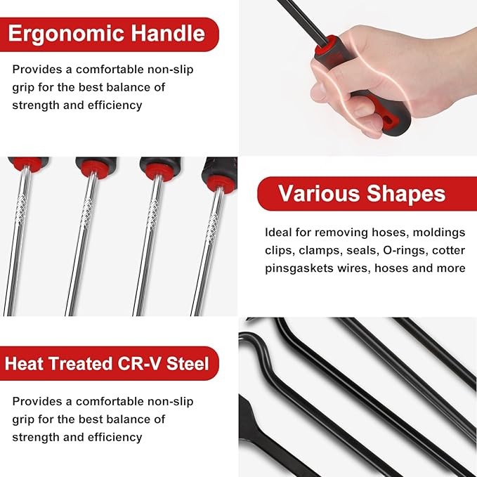 17Pcs Hook and Pick Tool Set with Scraper Auto Clip Removal Plier Fastener Remover Rivets Puller Mechanic Car Trim Removal Tool Kit Gasket Telescoping Magnetic Pickup Hand Automotive Tools (Red)
