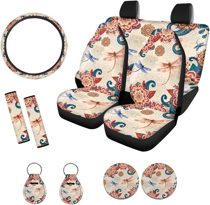 Suobstales Bohemia Mandala Dragonfly Print Car Accessories with Car Front Rear Split Seat Covers, Seat Belt Pads + Steering Wheel Cover + Coaster + Keyrings for Women Set of 11-Pcs