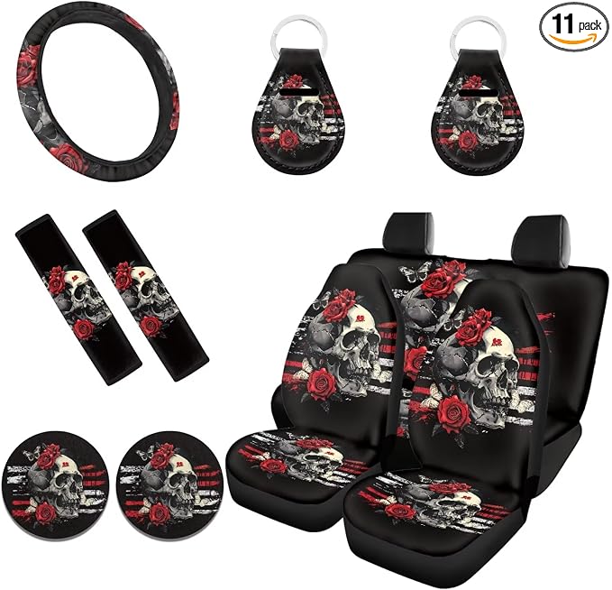 Skull Rose USA Flag Car Seat Covers Full Set with Steering Wheel Cover Seat Belt and Car Coasters Keychains- Universal Fit for Cars Trucks and SUVs, Halloween Decor, 11 Pieces