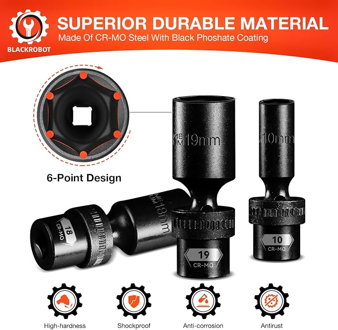 BLACKROBOT 3/8" Drive Swivel Socket Set, 14 Pieces Deep Universal Impact Socket Set, Metric(10-19mm) Flexible Wobble Socket Set, 6 Point, CR-MO, 3", 6" Extension Bars, Socket Adapter