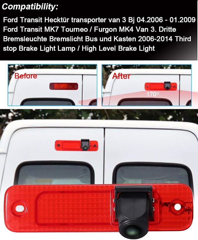 Third Roof Brake Lamp Car Backup Camera Replacement for Ford Transit Transporter Van 3 BJ 04.2006-01.2009 Ford Transit MK7 Tourneo Furgon MK4 Van 3. 2006-2014 Waterproof Parking Camera+7" Monitor