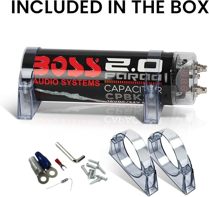 BOSS Audio Systems CPBK2 Car Capacitor - 2 Farad, Energy Storage, Enhance Bass From Stereo, 3 Digit Voltage Display, Charging Status LED