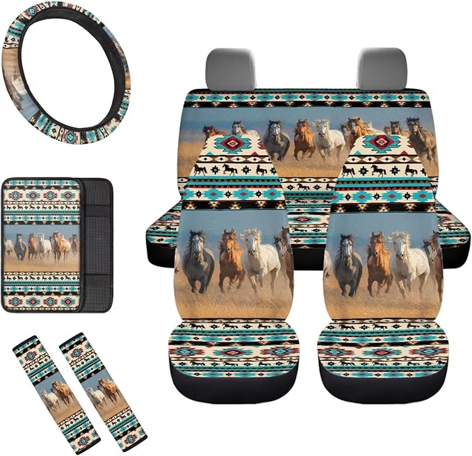 8 Pcs Western Horse Car Seat Covers Full Set Car Accessories for Women Front Seat Cover Steering Wheel Armrest Cover Seat Belt Cover for Auto SUV Interior Decoration