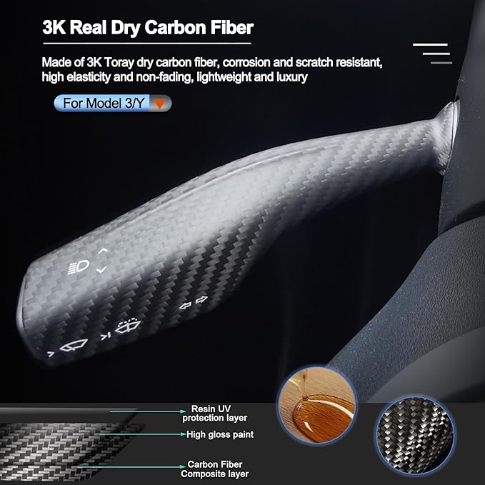 Carbar Column Gear Shift Cover for Tesla Model 3 Model Y Accessories Real Carbon Fiber Shift Lever Wrap Column Shift Paddle Interior Gear Lever (2Pcs Matte Carbon Fiber B Style)